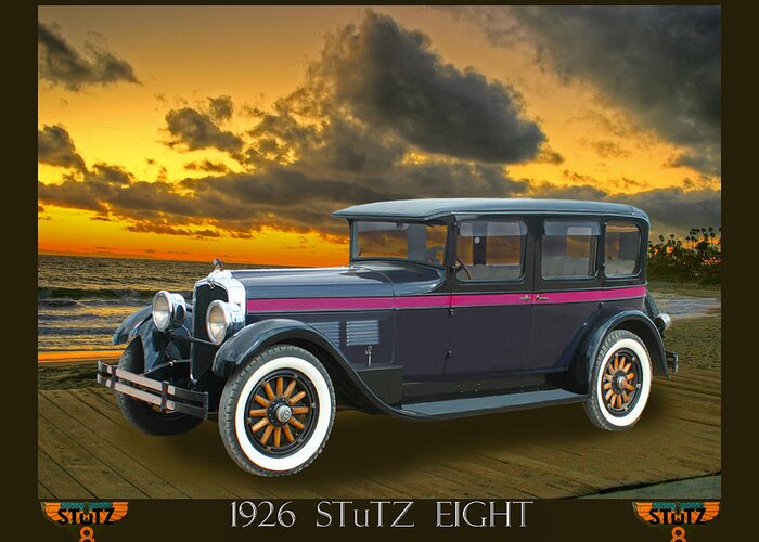 A Photograph Of A 1926 Stutz 8 Sedan On The Boardwalk By Jack Pumphrey Greeting Card featuring the photograph 1926 Stutz Eight Sedan by Jack Pumphrey