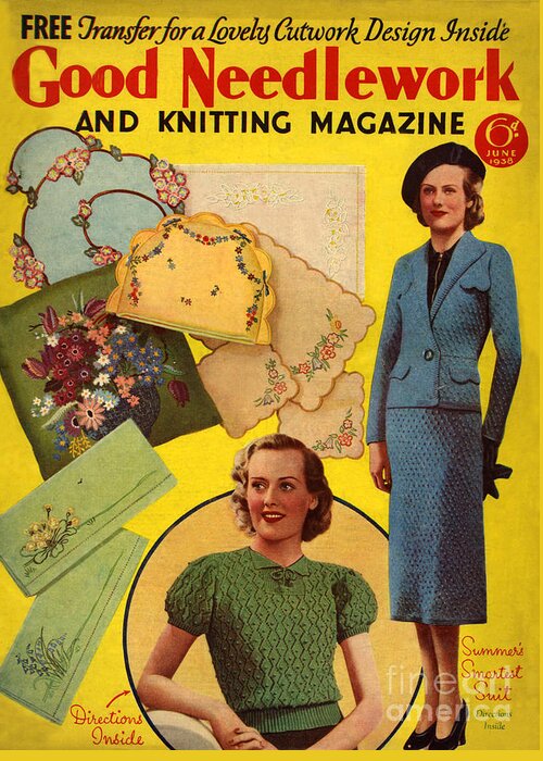 Magazine Cover Greeting Card featuring the drawing 1930s Uk Good Needlework And Knitting by The Advertising Archives