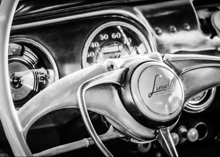 1941 Lincoln Continental Coupe Steering Wheel Emblem Greeting Card featuring the photograph 1941 Lincoln Continental Coupe Steering Wheel Emblem -0858c by Jill Reger
