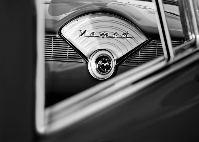 1956 Chevrolet Belair Nomad Dashboard Clock Greeting Card featuring the photograph 1956 Chevrolet Belair Nomad Dashboard Clock by Jill Reger