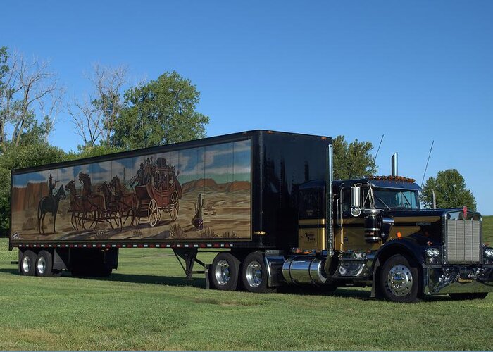 1973 Greeting Card featuring the photograph Smokey and the Bandit Tribute 1973 Kenworth W900 Black and Gold Semi Truck #1 by Tim McCullough