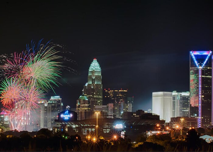 Carolina Greeting Card featuring the photograph 4th Of July Firework Over Charlotte Skyline #1 by Alex Grichenko