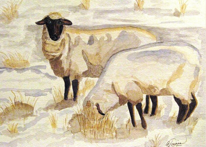 Ewes Greeting Card featuring the painting A Peaceful Winter by Angela Davies