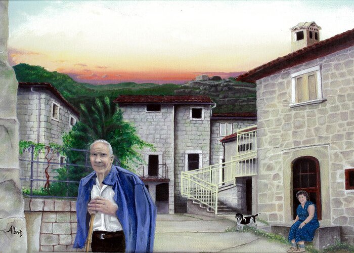Vallecchia De Monte Calvo Greeting Card featuring the painting A Walk with Dante #1 by Albert Puskaric