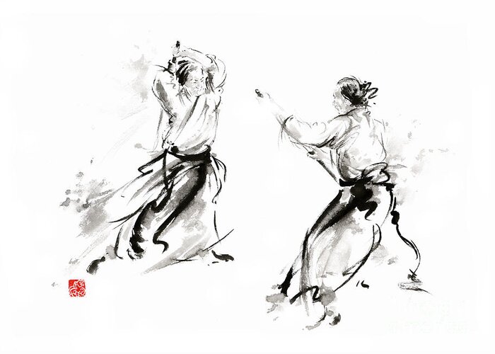 Aikido Greeting Card featuring the painting Aikido enso circle martial arts sumi-e original ink painting artwork #1 by Mariusz Szmerdt