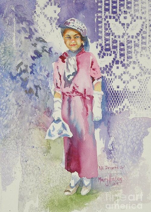 Girl Greeting Card featuring the painting All Dressed UP #1 by Mary Haley-Rocks