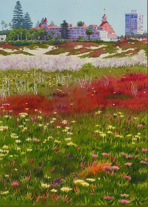 Landscape Greeting Card featuring the painting Beach Flowers at the Del by Mary Helmreich