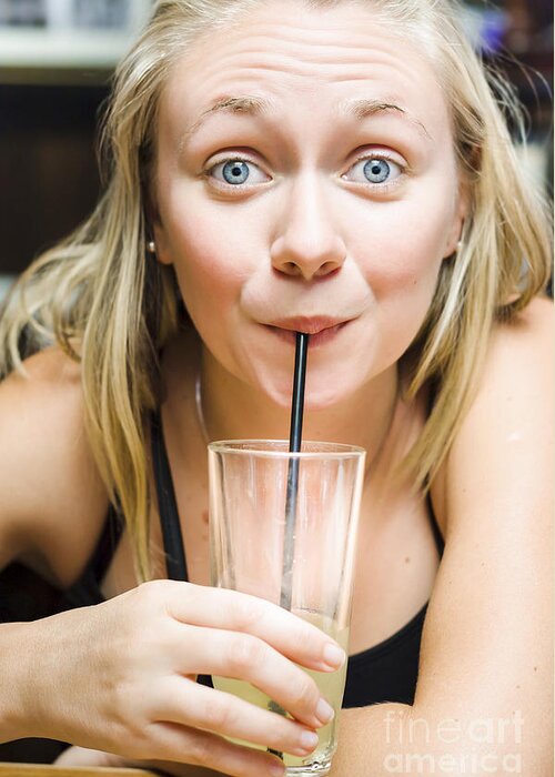 Soda Greeting Card featuring the photograph Beautiful blonde woman drinking soda soft drink #1 by Jorgo Photography
