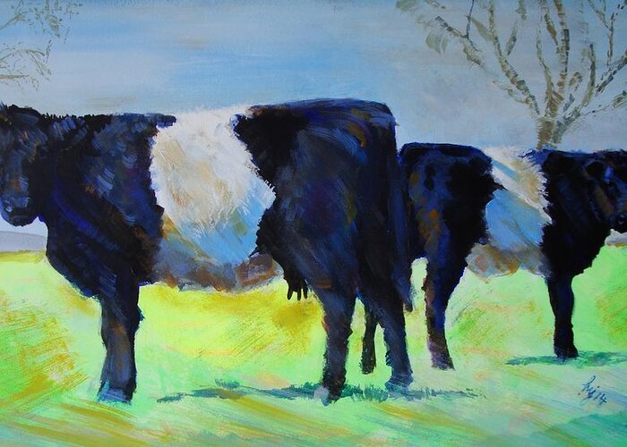 Belted Greeting Card featuring the painting Belted Galloway Cow and Calf by Mike Jory
