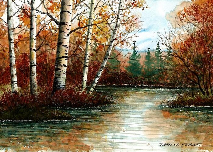 Lake Greeting Card featuring the painting Birch Pond #1 by Steven Schultz