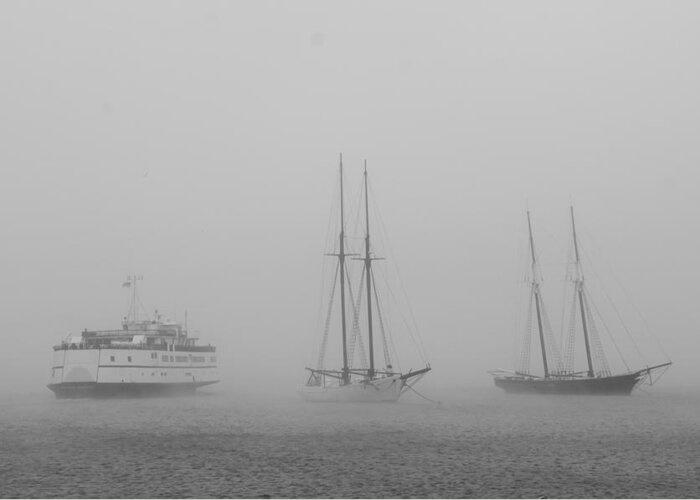 Marthas Vineyard Greeting Card featuring the photograph Boats in Fog #1 by Steve Myrick