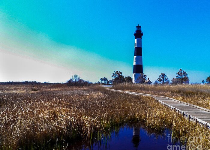 Bodie Island Lighthouse Greeting Card featuring the photograph Bodie Island Lighthouse Reflection #1 by Kathy Liebrum Bailey