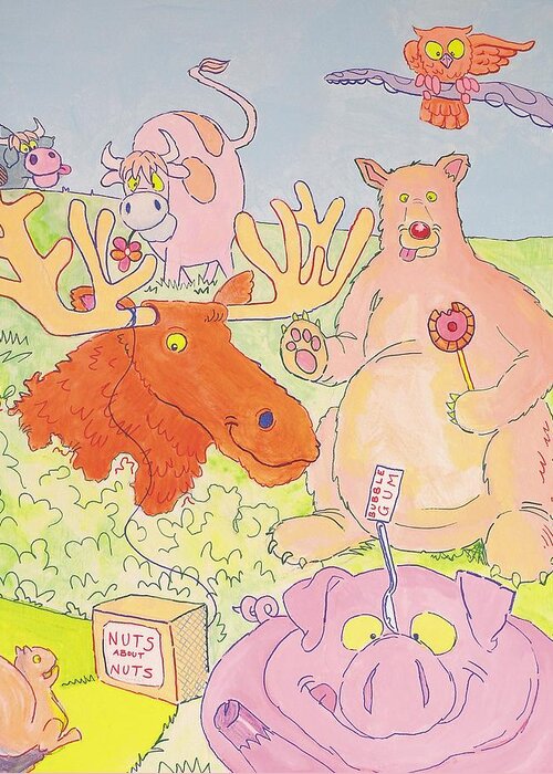 Moose Greeting Card featuring the painting Cartoon Animals #1 by Mike Jory