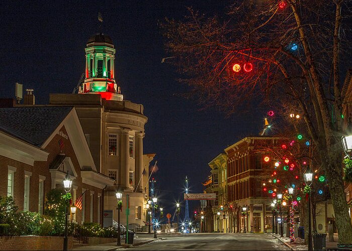 Bath Maine Front Street Main Street Holiday Christmas Night Greeting Card featuring the photograph Christmas in Bath by David Hufstader