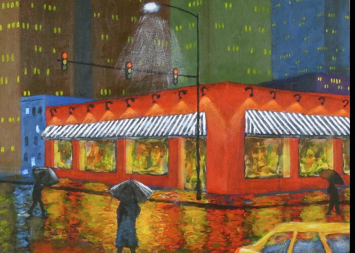 City Rain Greeting Card featuring the painting City Showers by J Loren Reedy