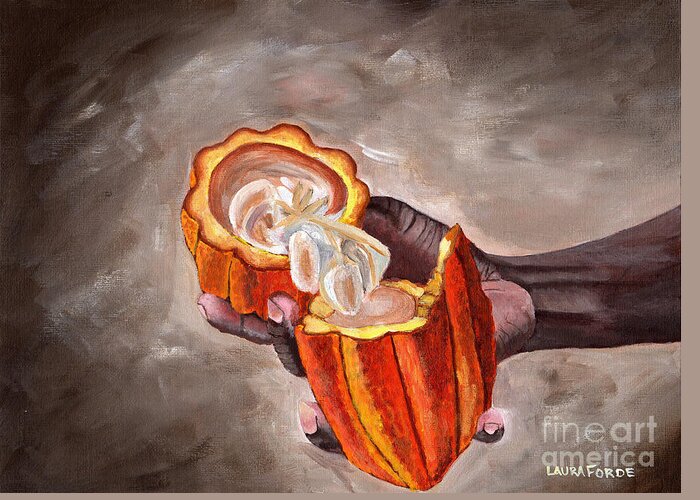 Grenada Greeting Card featuring the painting Cocoa Pod In Hand by Laura Forde