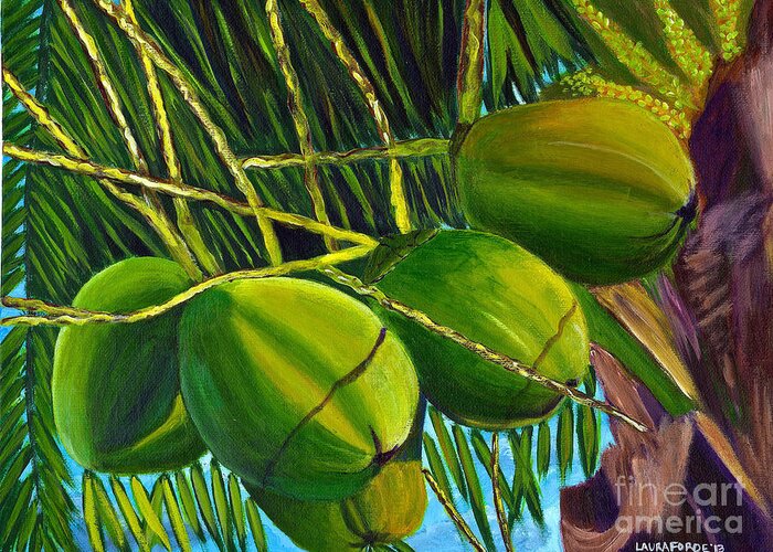 Coconuts Greeting Card featuring the painting Coconuts at sunset by Laura Forde