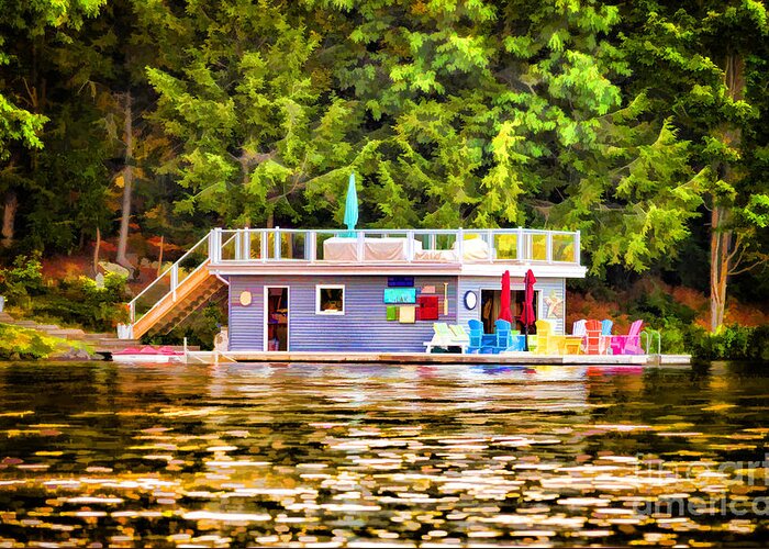 Colorful Greeting Card featuring the photograph Colorful boathouse #1 by Les Palenik