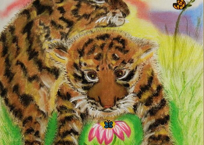 Tiger Cubs Playing Greeting Card featuring the pastel Curiosity by Celeste Manning