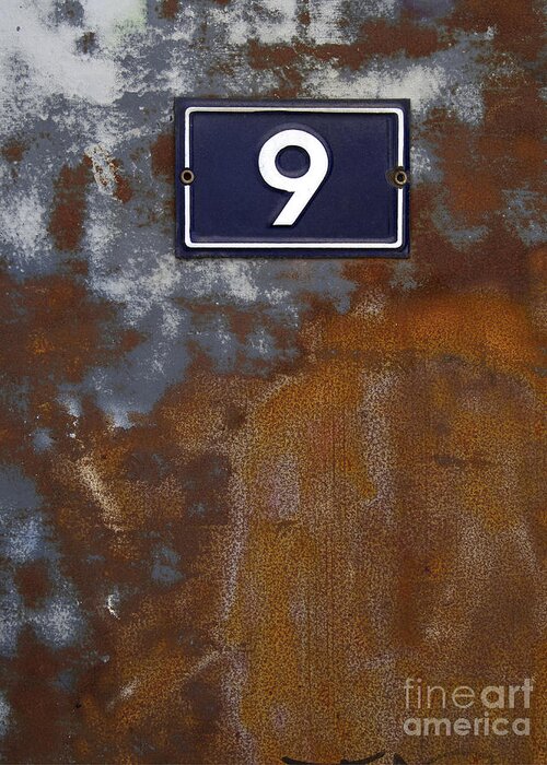 Dilapidated Greeting Card featuring the photograph Door in scrap metal and number 9 #1 by Bernard Jaubert