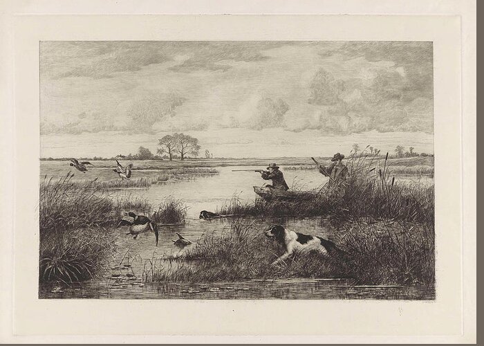 Bird Hunting Greeting Card featuring the drawing Duck Hunt, Elias Stark #1 by Elias Stark