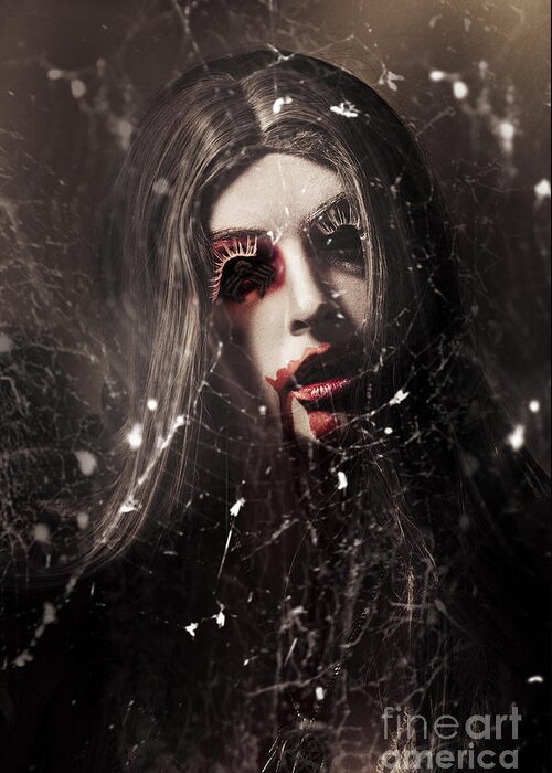 Halloween Greeting Card featuring the photograph Female face of dark horror. Eye of the black widow by Jorgo Photography