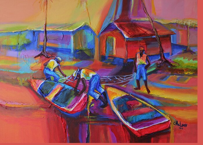 Abstract Greeting Card featuring the painting Fishing Village by Cynthia McLean