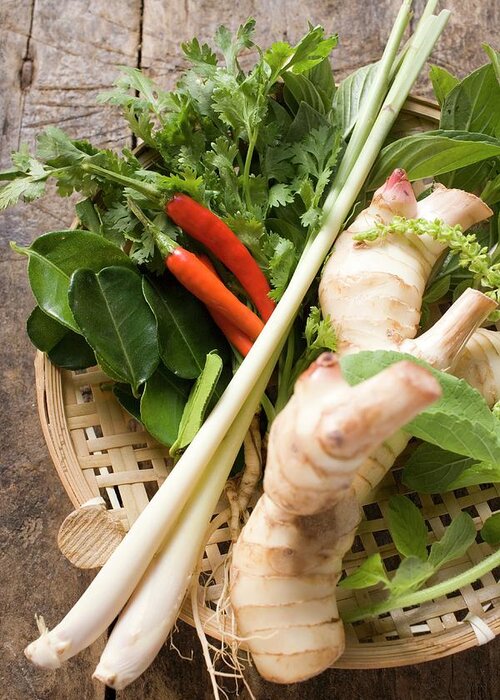 Above Greeting Card featuring the photograph Fresh Thai Herbs And Spices In Basket #1 by Foodcollection