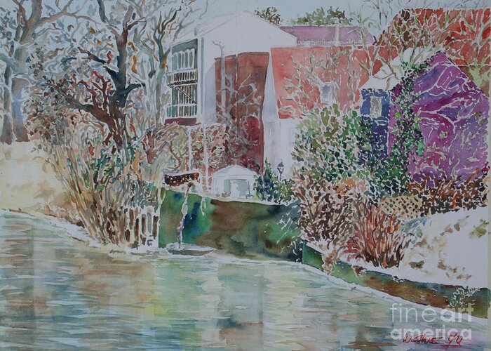 Watercolour Greeting Card featuring the painting Fuerth eastern riverside of Rednitz #1 by Almo M