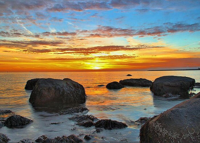 Rocks Greeting Card featuring the photograph Harkness Sunset #1 by Andrea Galiffi