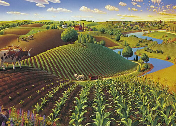 Farming Panorama Greeting Card featuring the painting Harvest Panorama by Robin Moline