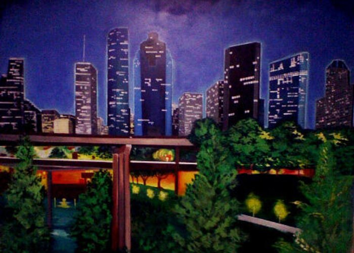  Greeting Card featuring the painting Houston skyline by Femme Blaicasso