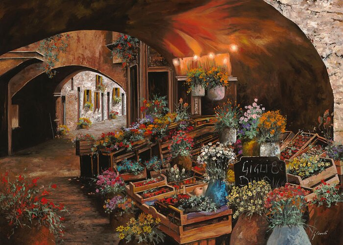 Flower Market Greeting Card featuring the painting Il Mercato Dei Fiori #1 by Guido Borelli