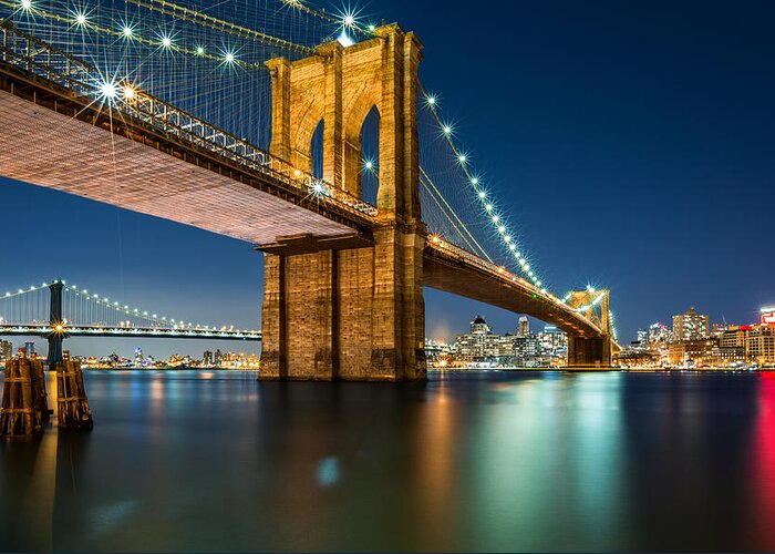 Architecture Greeting Card featuring the photograph Illuminated Brooklyn Bridge by night #1 by Mihai Andritoiu