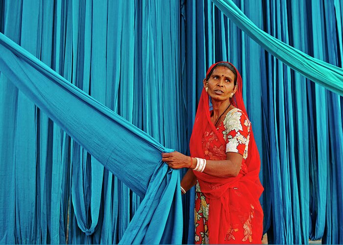 People Greeting Card featuring the photograph India, Rajasthan, Sari Factory #1 by Tuul & Bruno Morandi