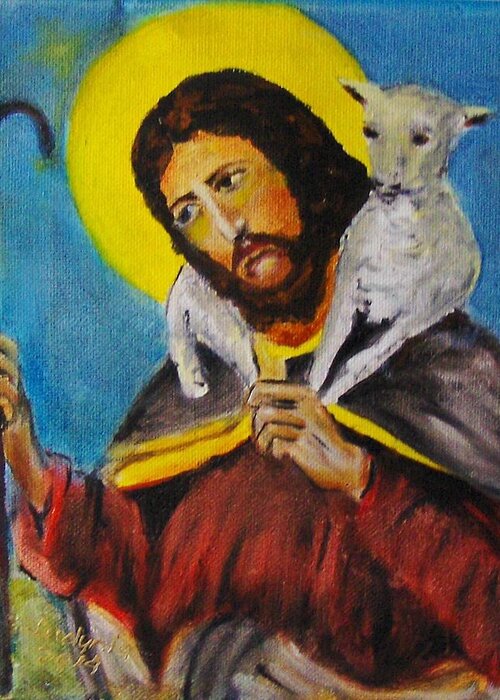 Art Greeting Card featuring the painting Jesus With A Lamb #1 by Ryszard Ludynia