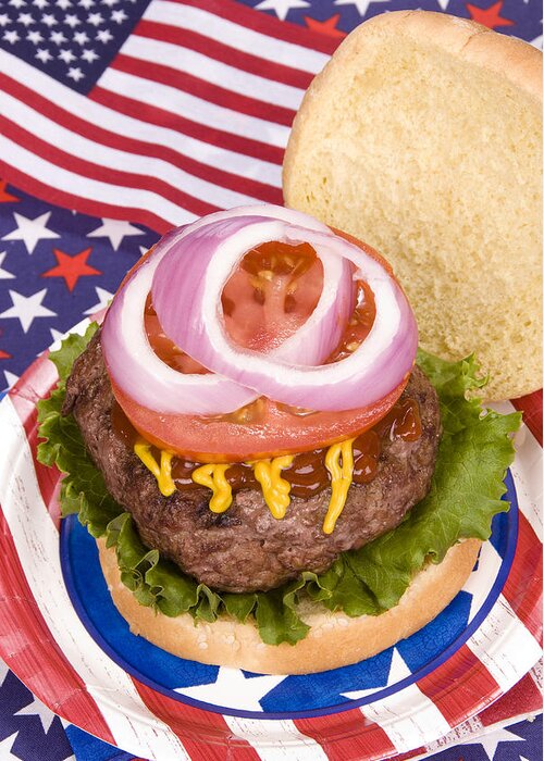 Hamburger Greeting Card featuring the photograph Juicy fourth of July hamburger #1 by Joe Belanger