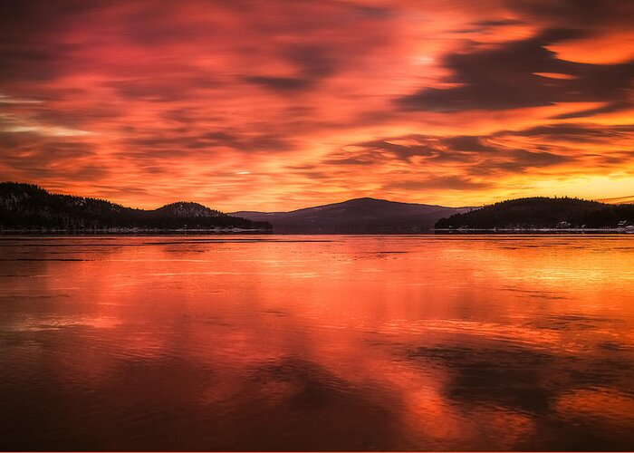 New England Greeting Card featuring the photograph Lake Winnipesaukee - Fiery Sunrise by Robert Clifford