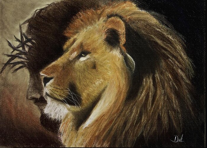 Jesus Religion Religious Lion Animal Wildlife Cat Jungle Crown Thorns Jew Jewish Beard Profile Yellow Brown Church Art Patel Shadow Savior Lord God Fur Hair Pastel Pastels Painting Greeting Card featuring the pastel Lion of Judah #1 by Dale Bradley