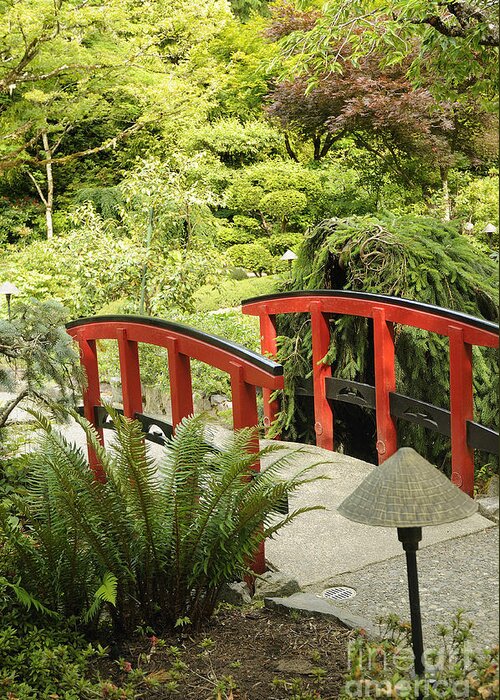 Butchart Gardens Victoria Vancouver Island Canada Greeting Card featuring the photograph Little Red Bridge #1 by Brenda Kean