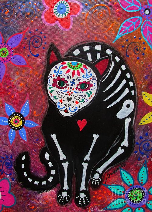 Meow Viii Greeting Card featuring the painting Meow Dia De Los Muertos #1 by Pristine Cartera Turkus