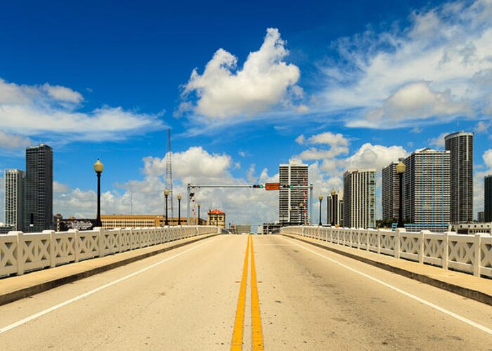 Architecture Greeting Card featuring the photograph Miami Venetian Causeway Drawbridge Skyline #1 by Raul Rodriguez