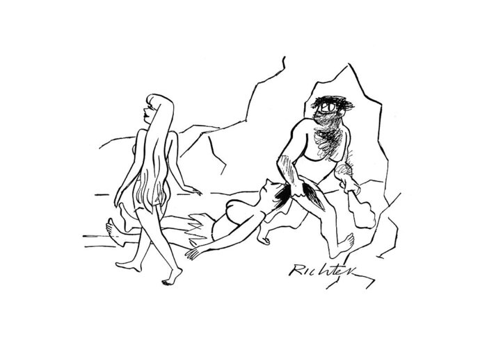 113564 Mri Mischa Richter Caveman Is Dragging One Woman And Sees Another Whom He Likes Better. Attraction Attractive Caveman Cavemen Cavewoman Cavewomen Chase Couple Couples Cro-magnon ?irt ?irting Hit Hitting Husband Husbands Marriage Married Neanderthal Prehistoric Relationship Relationships Sex Sexual Sexy Stone-age Wife Wives Greeting Card featuring the drawing New Yorker September 9th, 1944 #1 by Mischa Richter