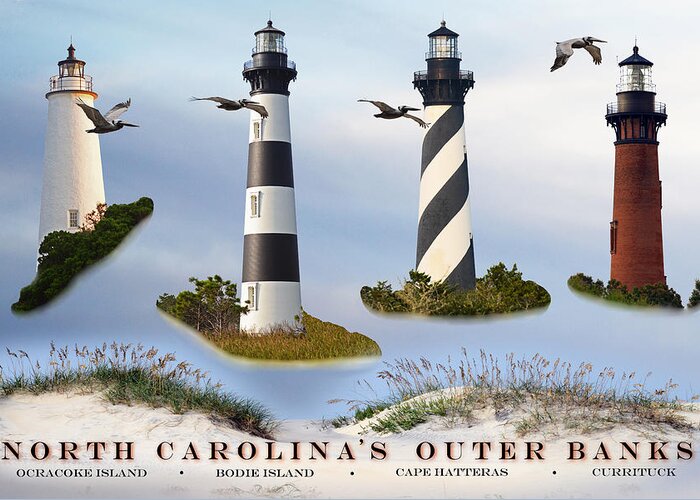 Lighthouses Greeting Card featuring the photograph North Carolina's Rt. 12 Lighthouses #1 by Jamie Pattison