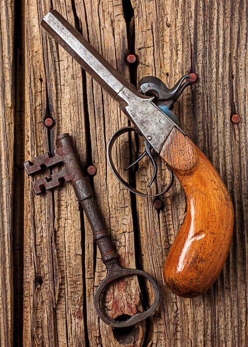 Hanging Greeting Card featuring the photograph Old Pistol And Skeleton Key #1 by Garry Gay