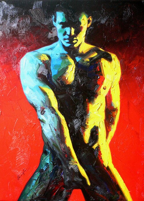 Original Art Greeting Card featuring the painting Original Abstract Oil Painting Art-male Nude By Kinfe by Hongtao Huang