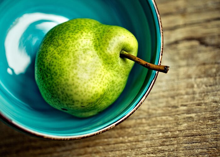 Pear; Pears; Fruit; Ripe; Juicy; Fruits; Group; Many; Row; Heap; Whole; Stoneware; Bowl; Blue Greeting Card featuring the photograph Pears #1 by Nailia Schwarz
