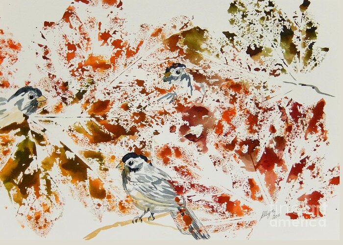 Chickadees Greeting Card featuring the painting Peek A Boo Chickadees by Ellen Levinson