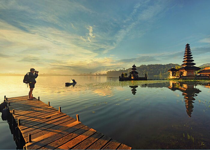 Shadow Greeting Card featuring the photograph Pura Ulun Danu Bratan Water Temple #1 by By Toonman
