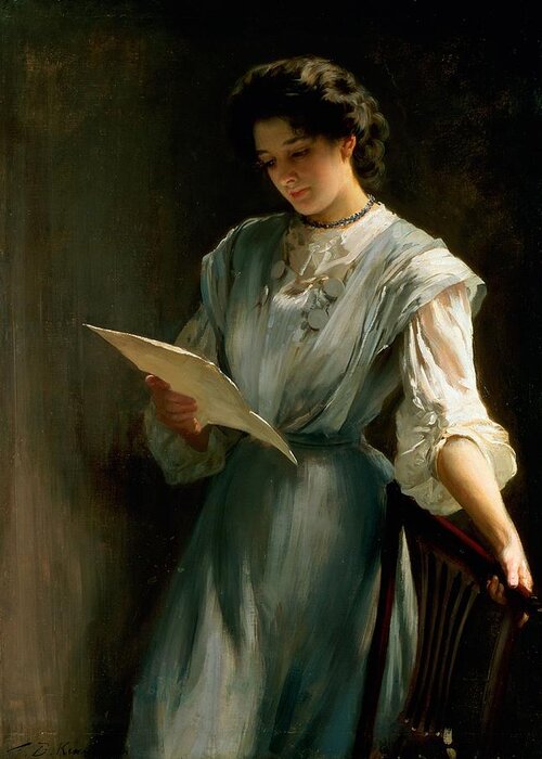 Woman Greeting Card featuring the painting Reading The Letter by Thomas Benjamin Kennington